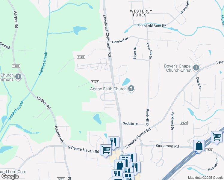 map of restaurants, bars, coffee shops, grocery stores, and more near 2102 Lewisville Clemmons Road in Clemmons