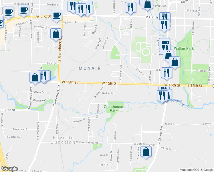 map of restaurants, bars, coffee shops, grocery stores, and more near 875 West 15th Street in Fayetteville