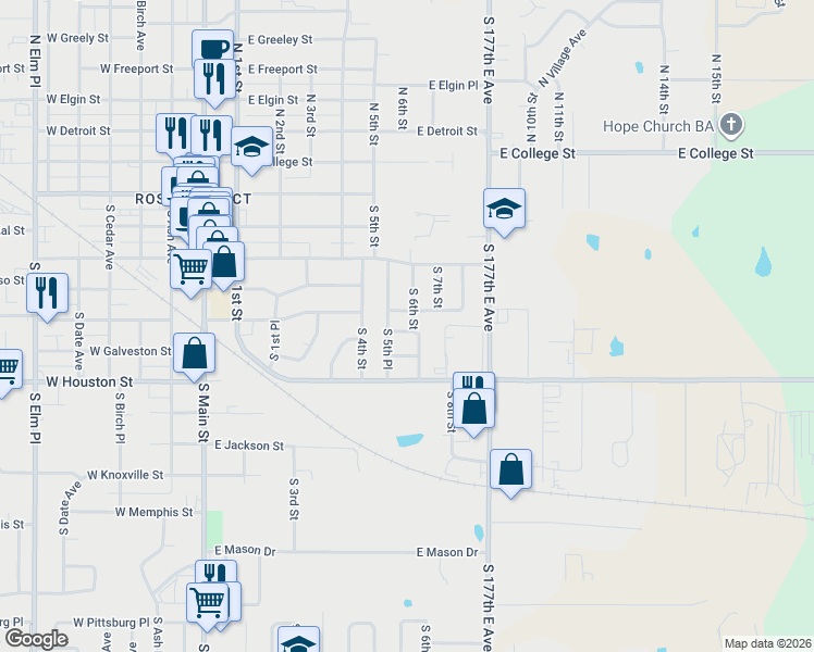 map of restaurants, bars, coffee shops, grocery stores, and more near 617 East Fort Worth Place in Broken Arrow