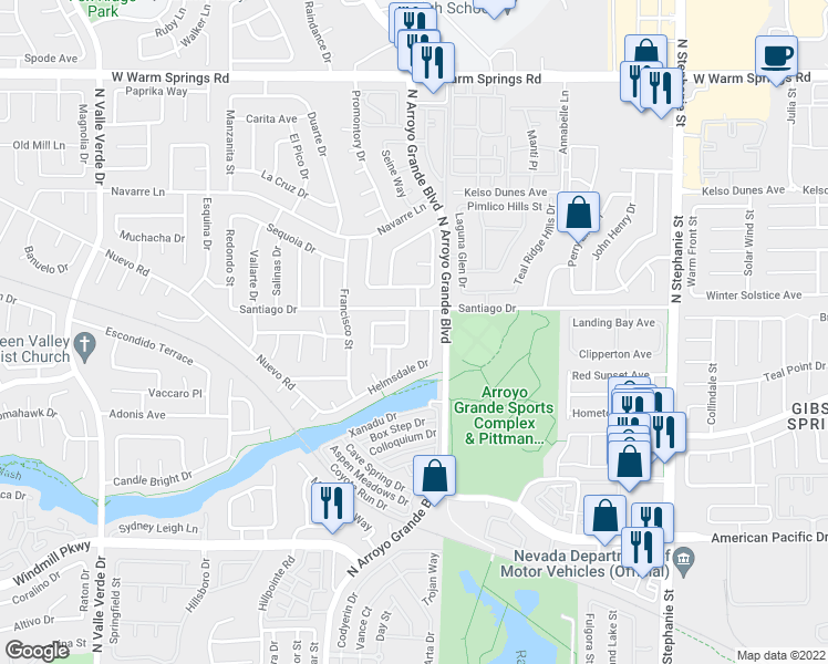 map of restaurants, bars, coffee shops, grocery stores, and more near 292 Merrick Way in Henderson