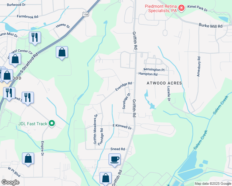 map of restaurants, bars, coffee shops, grocery stores, and more near 435 Everidge Road in Winston-Salem