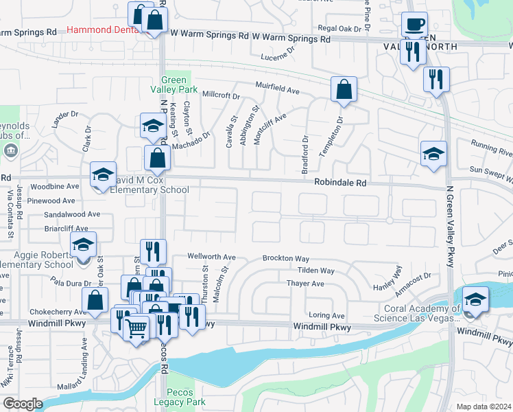 map of restaurants, bars, coffee shops, grocery stores, and more near 2361 Villandry Court in Henderson