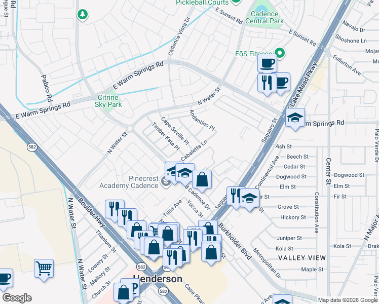 map of restaurants, bars, coffee shops, grocery stores, and more near 282 Cape Seville Place in Henderson