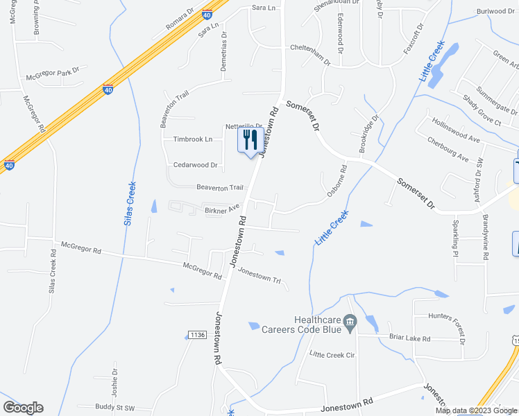 map of restaurants, bars, coffee shops, grocery stores, and more near 1330 Camden Place Court in Winston-Salem