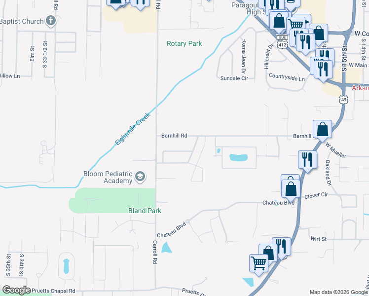 map of restaurants, bars, coffee shops, grocery stores, and more near 2505 Alexander Circle in Paragould