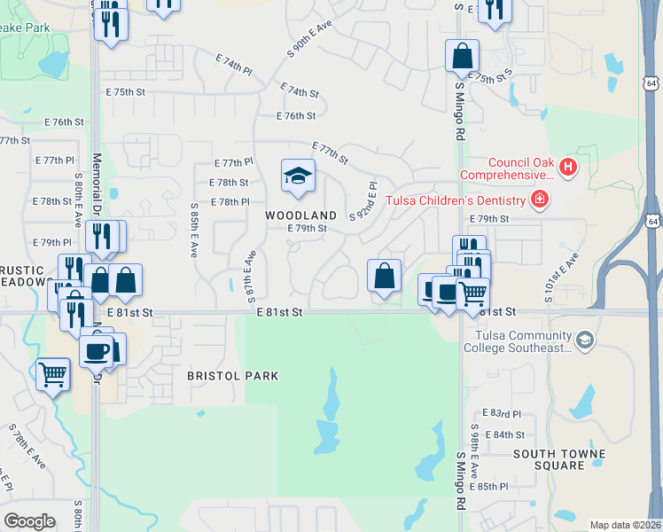 map of restaurants, bars, coffee shops, grocery stores, and more near 7934 South 92nd East Place in Tulsa