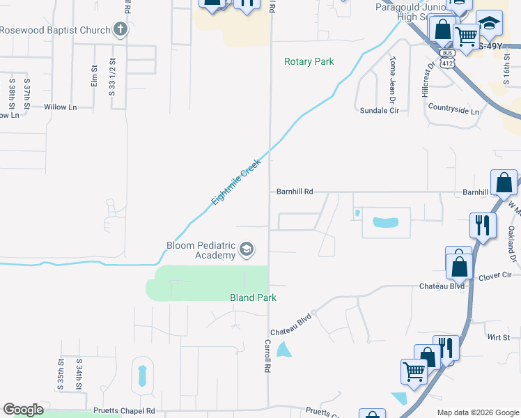 map of restaurants, bars, coffee shops, grocery stores, and more near 912 Carroll Road in Paragould