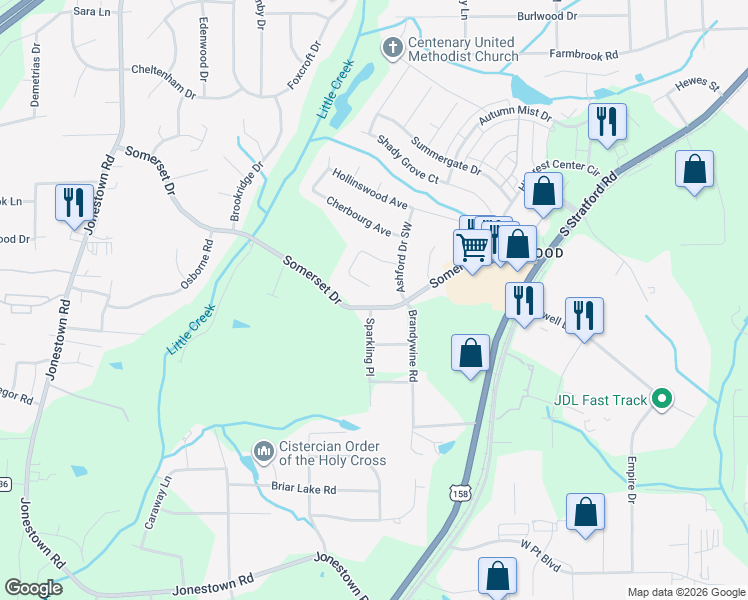 map of restaurants, bars, coffee shops, grocery stores, and more near 730 Somerset Drive in Winston-Salem
