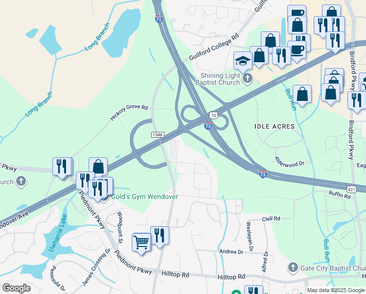map of restaurants, bars, coffee shops, grocery stores, and more near 1105 Strickland Court in Jamestown