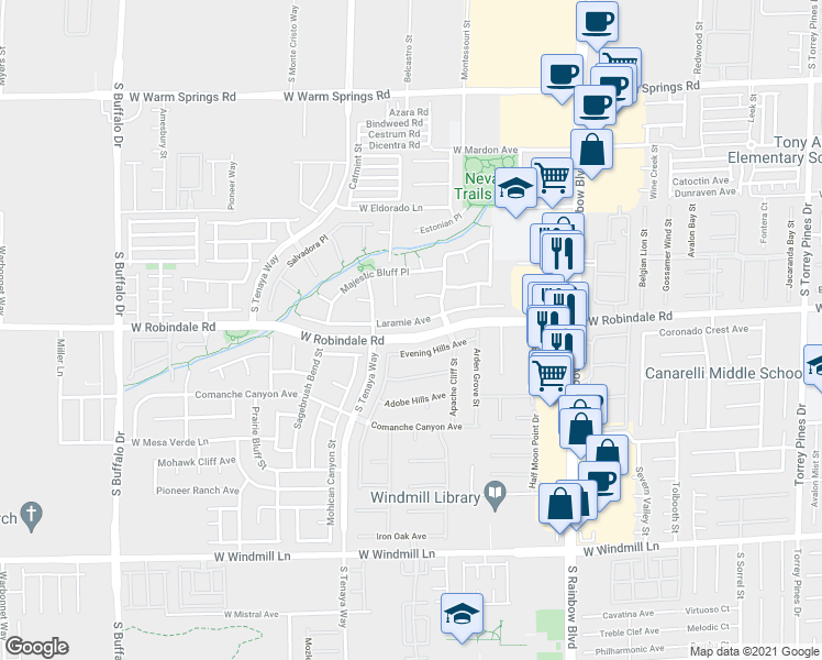 map of restaurants, bars, coffee shops, grocery stores, and more near 7221 Laramie Avenue in Las Vegas