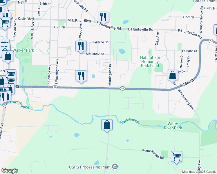 map of restaurants, bars, coffee shops, grocery stores, and more near 1483 Morningside Drive in Fayetteville