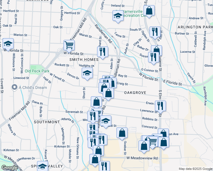 map of restaurants, bars, coffee shops, grocery stores, and more near 512 West Terrell Street in Greensboro
