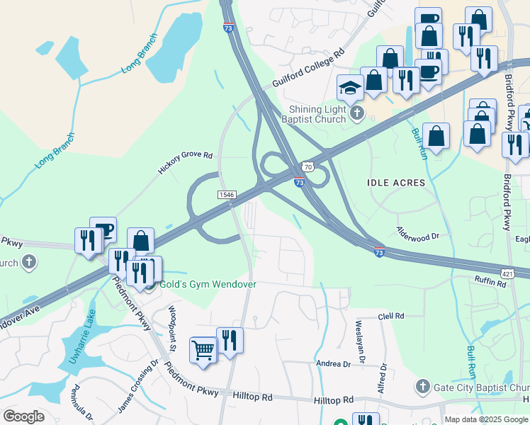 map of restaurants, bars, coffee shops, grocery stores, and more near 1105 Strickland Court in Jamestown