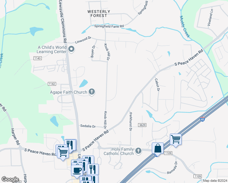 map of restaurants, bars, coffee shops, grocery stores, and more near 2764 Park Oak Drive in Clemmons