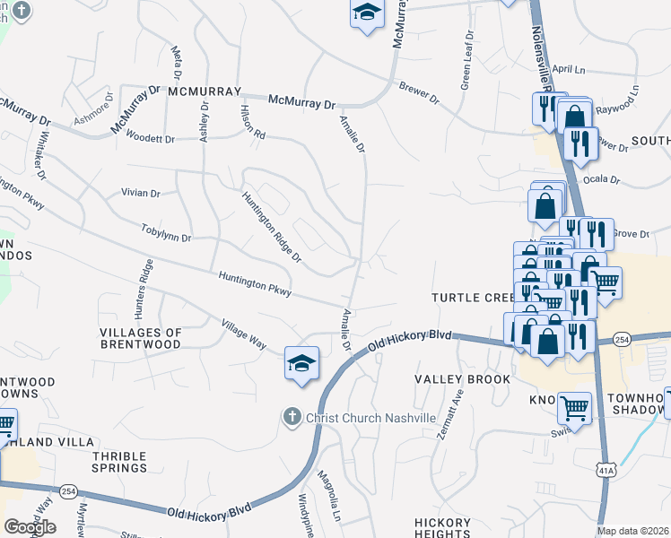 map of restaurants, bars, coffee shops, grocery stores, and more near 353 Huntington Ridge Drive in Nashville