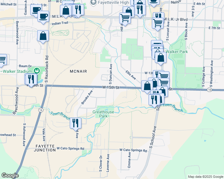 map of restaurants, bars, coffee shops, grocery stores, and more near 1509 South Crews Lane in Fayetteville