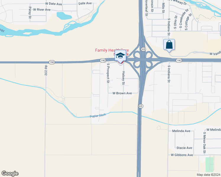 map of restaurants, bars, coffee shops, grocery stores, and more near 958 South Prospect Street in Porterville