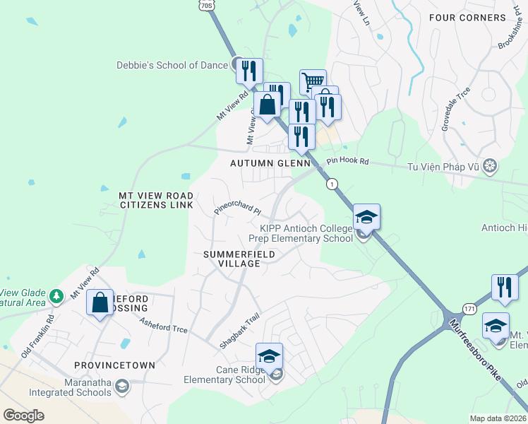 map of restaurants, bars, coffee shops, grocery stores, and more near 4085 Pineorchard Place in Nashville