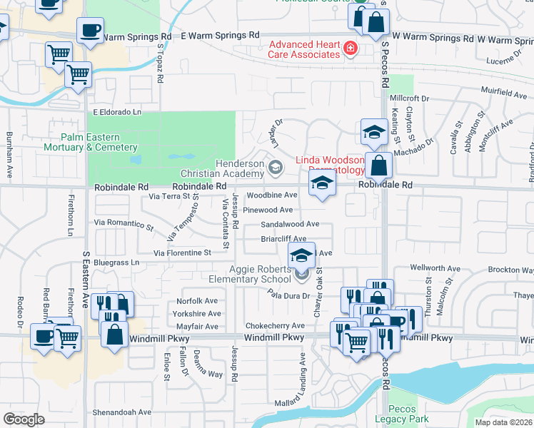 map of restaurants, bars, coffee shops, grocery stores, and more near 2739 Pinewood Avenue in Henderson