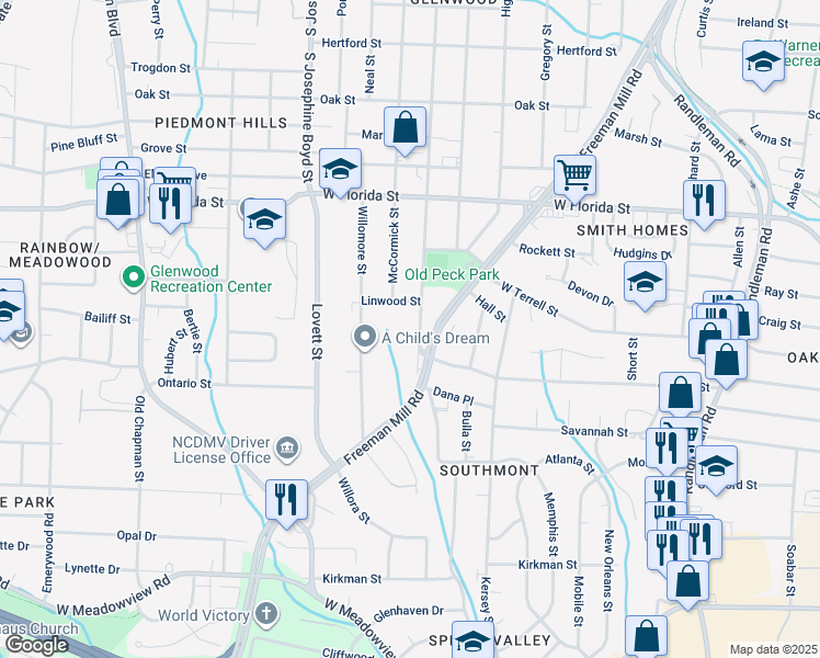 map of restaurants, bars, coffee shops, grocery stores, and more near 1710 Glenwood Avenue in Greensboro