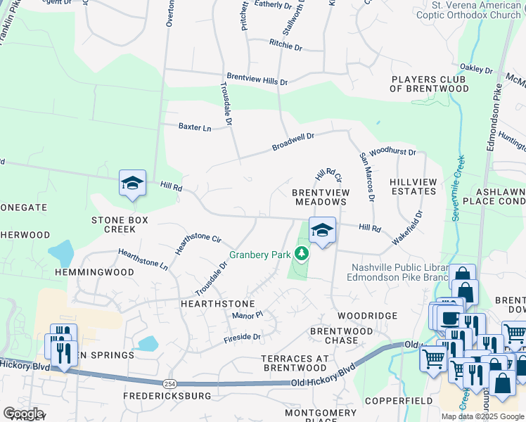 map of restaurants, bars, coffee shops, grocery stores, and more near 628 Hill Road in Brentwood