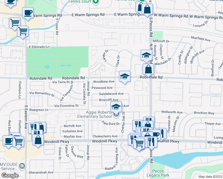 map of restaurants, bars, coffee shops, grocery stores, and more near 2725 Pinewood Avenue in Henderson