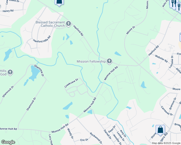 map of restaurants, bars, coffee shops, grocery stores, and more near 5560 Henley Ridge Drive in Graham
