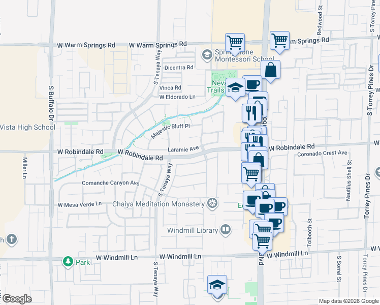 map of restaurants, bars, coffee shops, grocery stores, and more near 7215 Laramie Avenue in Las Vegas