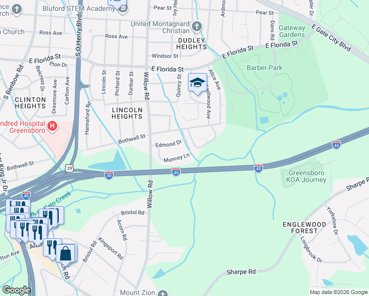 map of restaurants, bars, coffee shops, grocery stores, and more near 1824 Muncey Lane in Greensboro