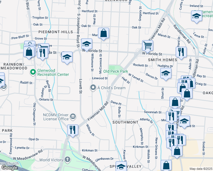 map of restaurants, bars, coffee shops, grocery stores, and more near 1710 Glenwood Avenue in Greensboro