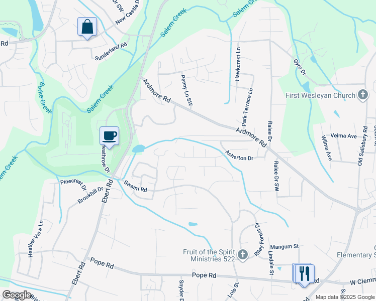 map of restaurants, bars, coffee shops, grocery stores, and more near 123 Braer Court in Winston-Salem