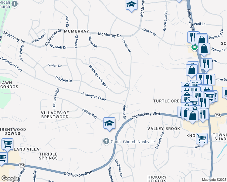 map of restaurants, bars, coffee shops, grocery stores, and more near 362 Huntington Ridge Drive in Nashville