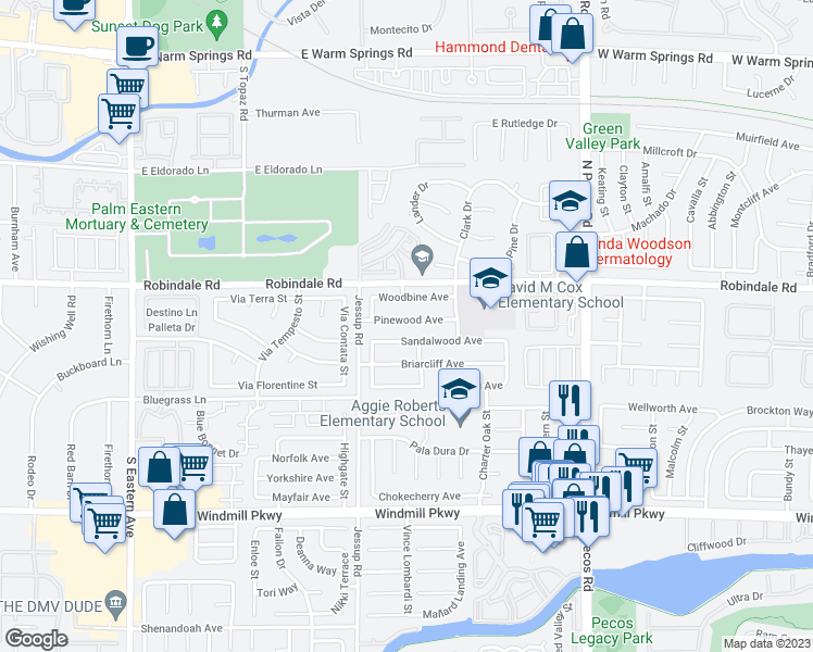 map of restaurants, bars, coffee shops, grocery stores, and more near 2739 Pinewood Avenue in Henderson