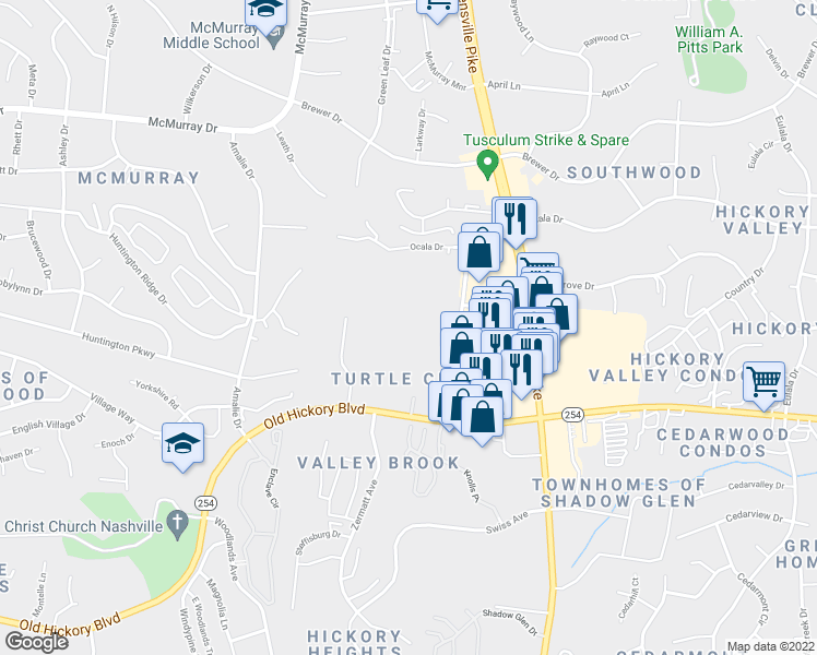 map of restaurants, bars, coffee shops, grocery stores, and more near 511 Hickoryview Drive in Nashville