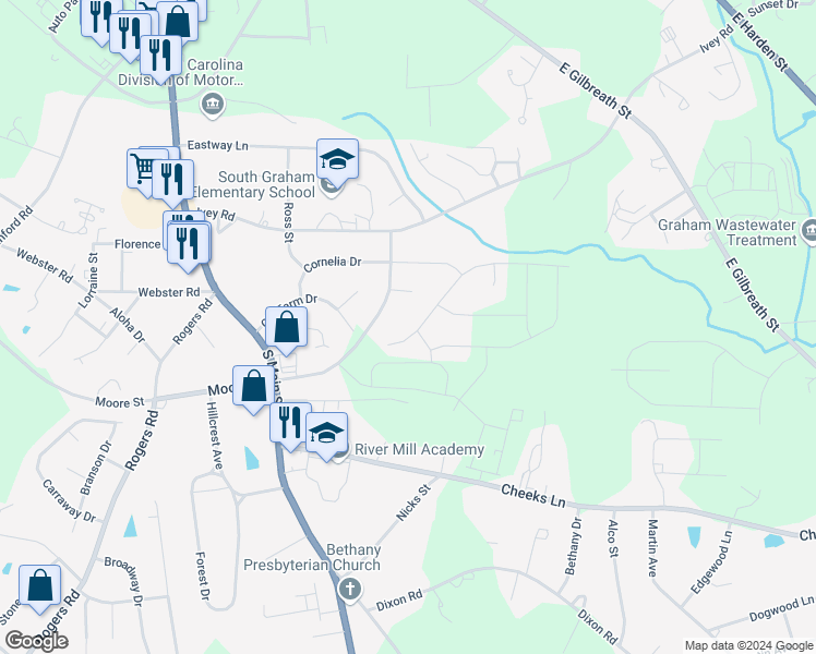 map of restaurants, bars, coffee shops, grocery stores, and more near 422 Old Farm Road in Graham