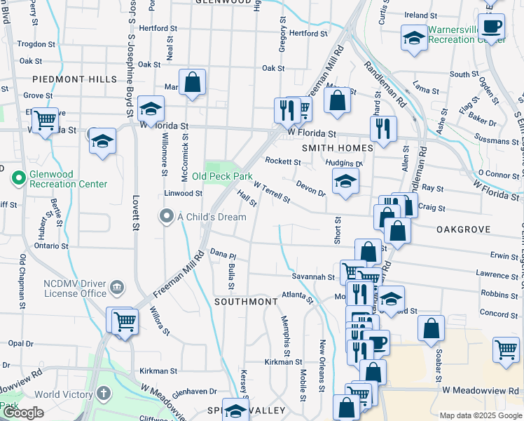 map of restaurants, bars, coffee shops, grocery stores, and more near 2005 Kersey Street in Greensboro