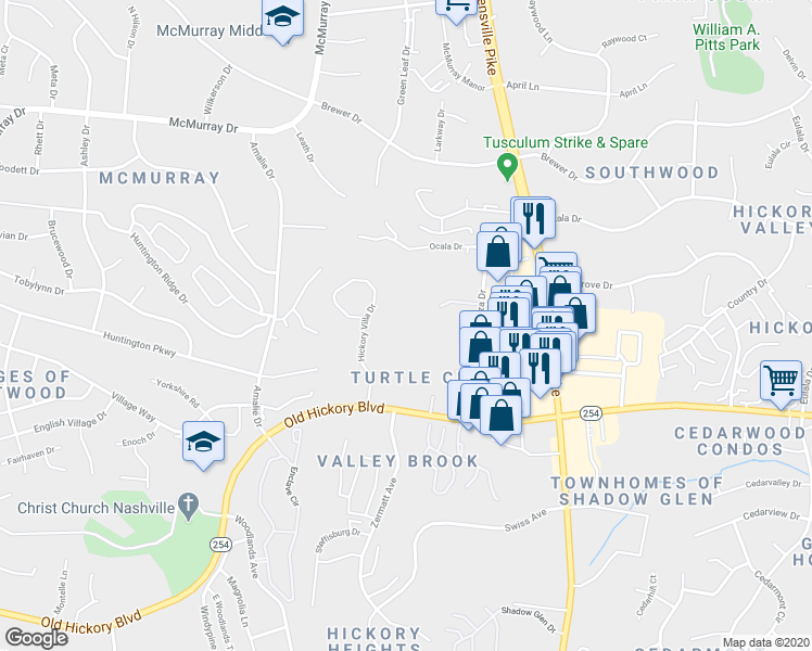 map of restaurants, bars, coffee shops, grocery stores, and more near 644 Hickoryview Drive in Nashville