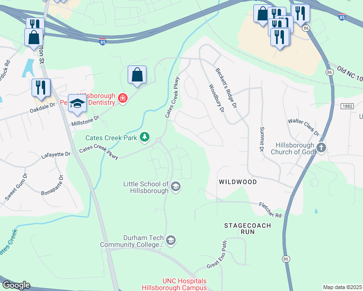 map of restaurants, bars, coffee shops, grocery stores, and more near 133 Rubrum Drive in Hillsborough