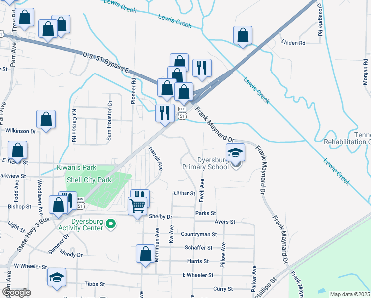 map of restaurants, bars, coffee shops, grocery stores, and more near 1539 Defoe Road in Dyersburg