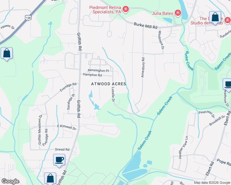 map of restaurants, bars, coffee shops, grocery stores, and more near 156 Luzelle Drive in Winston-Salem