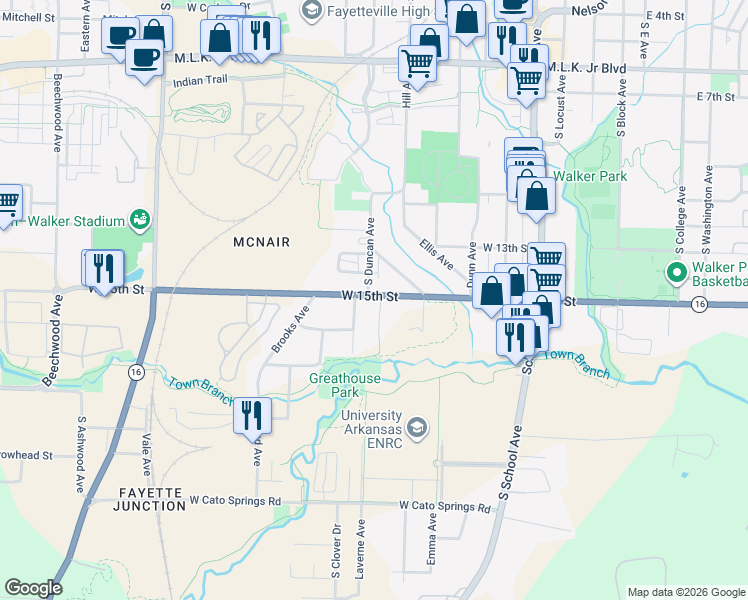 map of restaurants, bars, coffee shops, grocery stores, and more near 1509 South Crews Lane in Fayetteville
