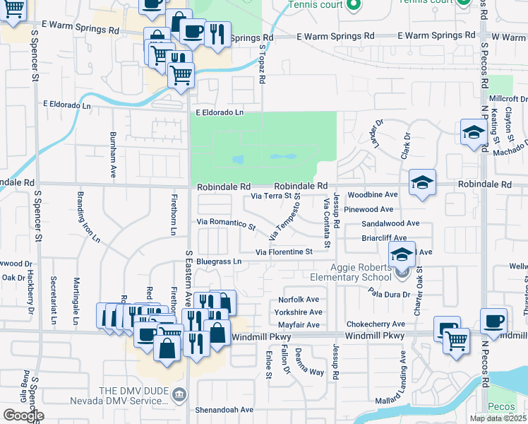 map of restaurants, bars, coffee shops, grocery stores, and more near 2838 Via Stella Street in Henderson