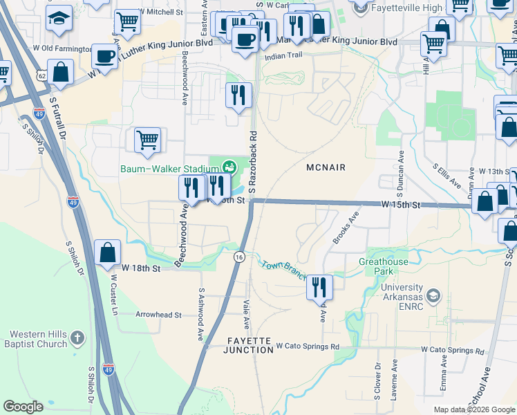 map of restaurants, bars, coffee shops, grocery stores, and more near 1629 South Razorback Road in Fayetteville