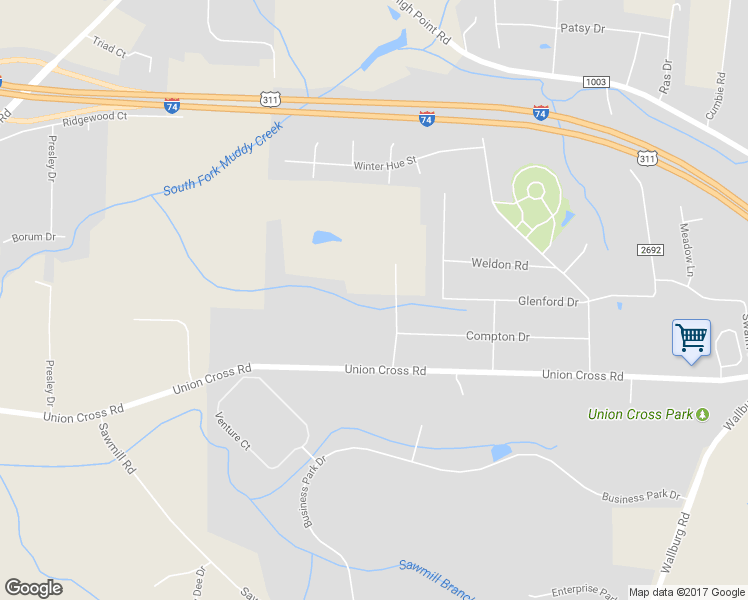 map of restaurants, bars, coffee shops, grocery stores, and more near 2042 Union Cross Road in Winston-Salem