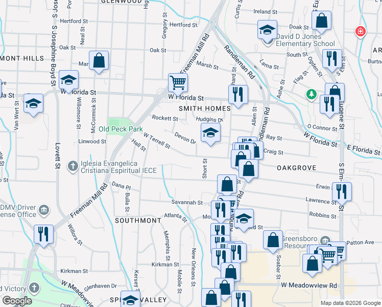 map of restaurants, bars, coffee shops, grocery stores, and more near 715 West Terrell Street in Greensboro