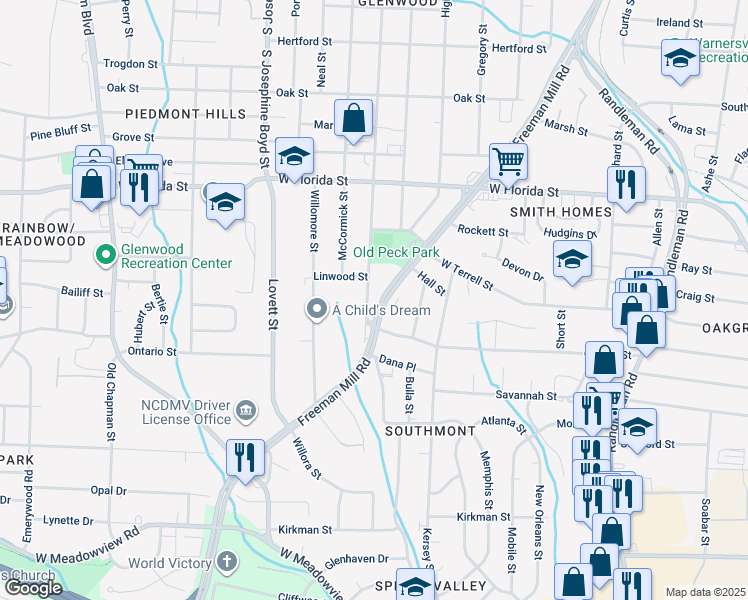 map of restaurants, bars, coffee shops, grocery stores, and more near 1617 Glenwood Avenue in Greensboro
