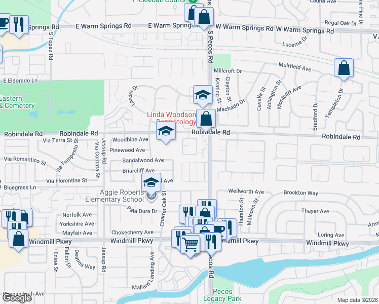 map of restaurants, bars, coffee shops, grocery stores, and more near 2651 Ridgewater Circle in Henderson