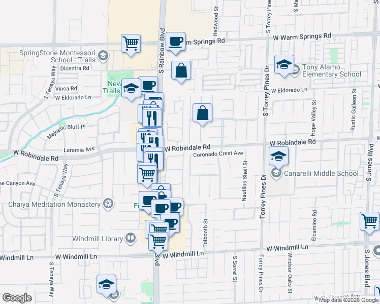 map of restaurants, bars, coffee shops, grocery stores, and more near 6784 Coronado Crest Avenue in Las Vegas