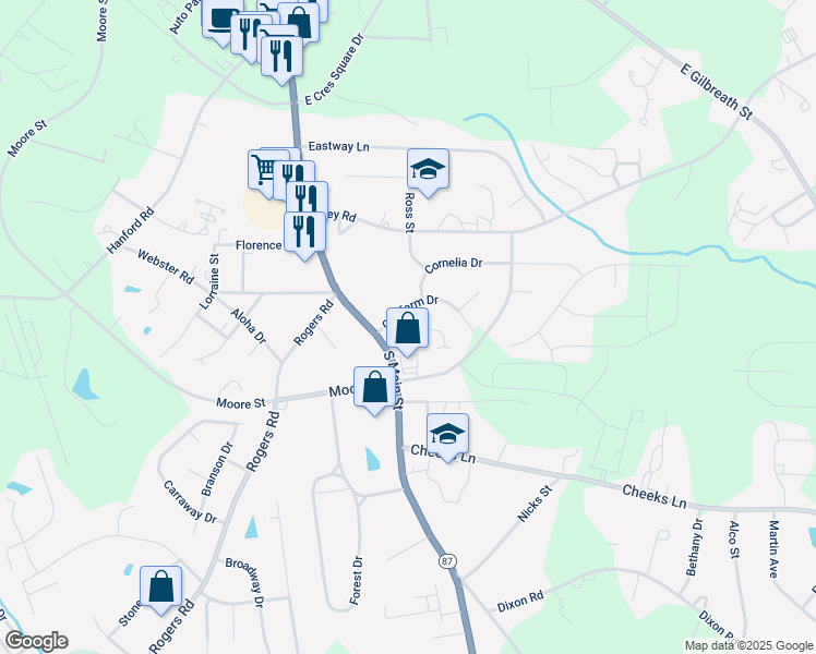 map of restaurants, bars, coffee shops, grocery stores, and more near 1109 Southwood Drive in Graham