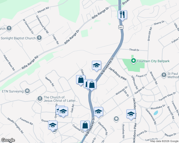 map of restaurants, bars, coffee shops, grocery stores, and more near 5616 Madonna Circle in Knoxville